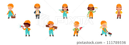 Kids Builder Character Wearing Uniform and Hardhat with Professional Tool Vector Set 111789336