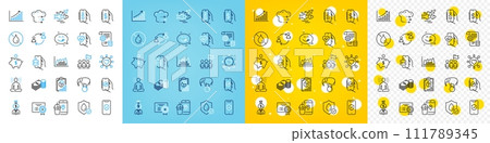 Vector icons set of Money app, Financial app and Savings line icons pack for web with Waterproof, Infographic graph, Manager outline icon. Yoga, Settings blueprint, No waterproof pictogram. Vector 111789345