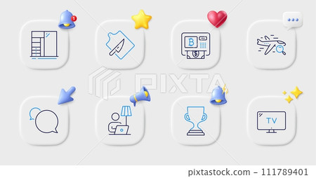 Search flight, Cutting board and Bitcoin atm line icons. Buttons with 3d bell, chat speech, cursor. Pack of Award cup, Floor lamp, Tv icon. Messenger, Cupboard pictogram. For web app, printing. Vector 111789401
