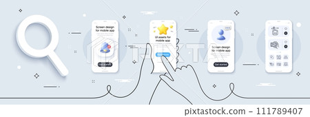 Idea, Image album and Repairman line icons pack. Phone screen mockup with 3d star, alert and chat message. Metro, Squad, Engineering documentation web icon. Quick tips, Waterproof pictogram. Vector 111789407