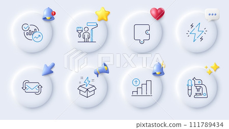 Creative idea, Painter and Power line icons. Buttons with 3d bell, chat speech, cursor. Pack of Refresh mail, Statistics, Microscope icon. Puzzle, Graph chart pictogram. For web app, printing. Vector Creative idea, Painter and Power line icons. Buttons with 3d bell, chat speech, cursor. Pack of Refresh mail, Statistics, Microscope icon. Puzzle, Graph chart pictogram. For web app, printing. Vector 111789434