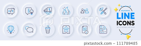 Vip ticket, Fire energy and Manual line icons for web app. Pack of Takeaway, Communication, Air balloon pictogram icons. Lamp, Ab testing, Hammer tool signs. Card, Cash transit, Messenger. Vector Vip ticket, Fire energy and Manual line icons for web app. Pack of Takeaway, Communication, Air balloon pictogram icons. Lamp, Ab testing, Hammer tool signs. Card, Cash transit, Messenger. Vector 111789485