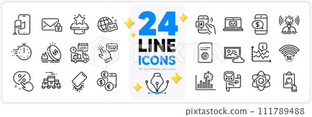 Icons set of Discount button, Phone payment and Photo cloud line icons pack for app with Bid offer, Inspect, Boxes pallet thin outline icon. Delivery, E-mail, Secure mail pictogram. Vector Icons set of Discount button, Phone payment and Photo cloud line icons pack for app with Bid offer, Inspect, Boxes pallet thin outline icon. Delivery, E-mail, Secure mail pictogram. Vector 111789488