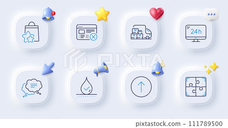 Reject web, 24h service and Delivery truck line icons. Buttons with 3d bell, chat speech, cursor. Pack of Puzzle, Swipe up, Text message icon. Loyalty points, Waterproof pictogram. Vector Reject web, 24h service and Delivery truck line icons. Buttons with 3d bell, chat speech, cursor. Pack of Puzzle, Swipe up, Text message icon. Loyalty points, Waterproof pictogram. Vector 111789500