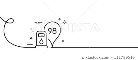 Petrol station line icon. Continuous one line with curl. Filling station location sign. 98 gasoline fuel symbol. Petrol station single outline ribbon. Loop curve pattern. Vector 111789516