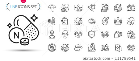 Pack of Vitamin n, Social distance and Wash hands line icons. Include Mint bag, Medical mask, Shield pictogram icons. Molybdenum mineral, Healthy face, Cancel flight signs. Vector Pack of Vitamin n, Social distance and Wash hands line icons. Include Mint bag, Medical mask, Shield pictogram icons. Molybdenum mineral, Healthy face, Cancel flight signs. Vector 111789541