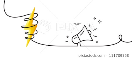 Megaphone line icon. Continuous one line with curl. Advertisement device symbol. Brand ambassador sign. Megaphone single outline ribbon. Loop curve with energy. Vector 111789568