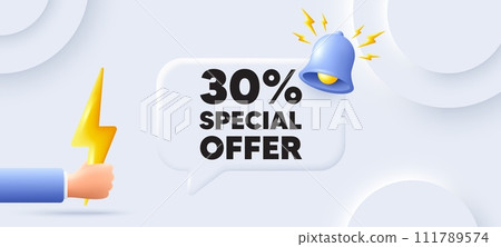 30 percent discount offer tag. Neumorphic background with chat speech bubble. Sale price promo sign. Special offer symbol. Discount speech message. Banner with energy. Vector 30 percent discount offer tag. Neumorphic background with chat speech bubble. Sale price promo sign. Special offer symbol. Discount speech message. Banner with energy. Vector 111789574