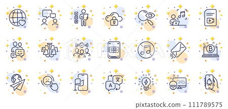 Outline set of Paper plane, Bell alert and Music line icons for web app. Include Voting ballot, International love, Ssd pictogram icons. People chatting, Bitcoin, E-mail signs. No music. Vector Outline set of Paper plane, Bell alert and Music line icons for web app. Include Voting ballot, International love, Ssd pictogram icons. People chatting, Bitcoin, E-mail signs. No music. Vector 111789575
