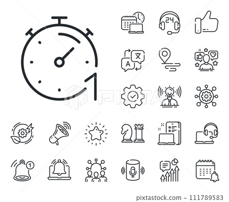 Stopwatch time sign. Place location, technology and smart speaker outline icons. Timer 1 minute line icon. Countdown clock symbol. Timer line sign. Influencer, brand ambassador icon. Vector Stopwatch time sign. Place location, technology and smart speaker outline icons. Timer 1 minute line icon. Countdown clock symbol. Timer line sign. Influencer, brand ambassador icon. Vector 111789583
