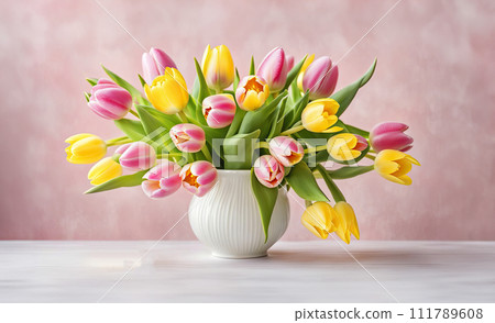 Bouquet of spring tulips pink and yellow in a white ceramic vase. Congratulations on Mother's Day, Easter, March 8 Bouquet of spring tulips pink and yellow in a white ceramic vase. Congratulations on Mother's Day, Easter, March 8 111789608