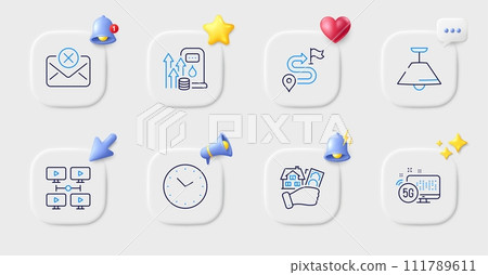 Reject mail, Time and 5g internet line icons. Buttons with 3d bell, chat speech, cursor. Pack of Ceiling lamp, Video conference, Journey icon. Fuel price, Buying house pictogram. Vector Reject mail, Time and 5g internet line icons. Buttons with 3d bell, chat speech, cursor. Pack of Ceiling lamp, Video conference, Journey icon. Fuel price, Buying house pictogram. Vector 111789611