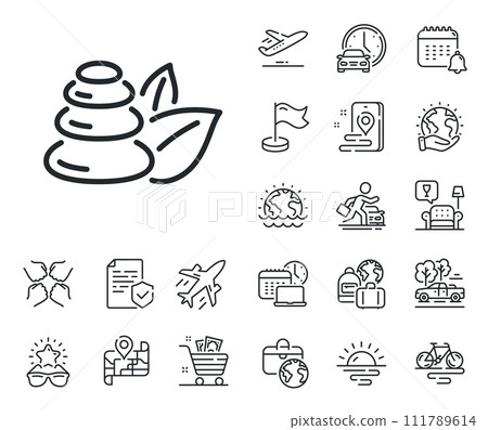 Bath resort sign. Plane jet, travel map and baggage claim outline icons. Spa stones line icon. Hotel service symbol. Spa stones line sign. Car rental, taxi transport icon. Place location. Vector Bath resort sign. Plane jet, travel map and baggage claim outline icons. Spa stones line icon. Hotel service symbol. Spa stones line sign. Car rental, taxi transport icon. Place location. Vector 111789614