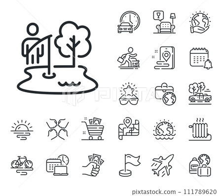 Fisherman with rod sign. Plane jet, travel map and baggage claim outline icons. Fishing place line icon. Lake with tree symbol. Fishing place line sign. Car rental, taxi transport icon. Vector Fisherman with rod sign. Plane jet, travel map and baggage claim outline icons. Fishing place line icon. Lake with tree symbol. Fishing place line sign. Car rental, taxi transport icon. Vector 111789620