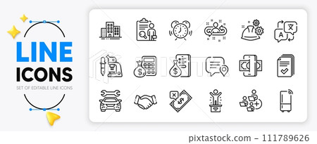 Finance calculator, Phishing and Translate line icons set for app include Buildings, Add team, Chat bubble outline thin icon. Money, Handout, Inspect pictogram icon. Time management. Vector Finance calculator, Phishing and Translate line icons set for app include Buildings, Add team, Chat bubble outline thin icon. Money, Handout, Inspect pictogram icon. Time management. Vector 111789626