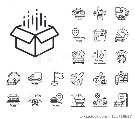 Delivery parcel sign. Plane, supply chain and place location outline icons. Open box line icon. Cargo package symbol. Open box line sign. Taxi transport, rent a bike icon. Travel map. Vector 111789627