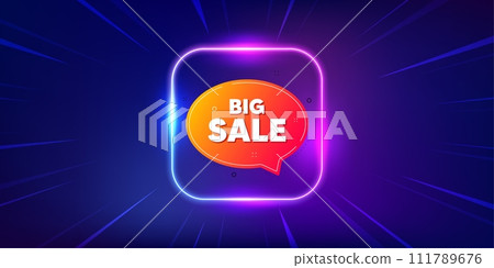 Sale bubble banner. Neon light frame offer banner. Discount sticker shape. Coupon chat icon. Sale bubble promo event flyer, poster. Sunburst neon coupon. Flash special deal. Vector 111789676