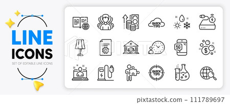 Web search, Power bank and 5g phone line icons set for app include Table lamp, Charging station, Court building outline thin icon. Puzzle, Quick tips, Internet book pictogram icon. Vector Web search, Power bank and 5g phone line icons set for app include Table lamp, Charging station, Court building outline thin icon. Puzzle, Quick tips, Internet book pictogram icon. Vector 111789697