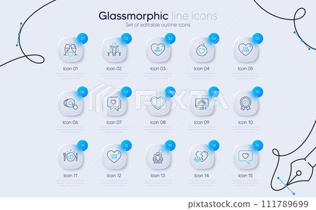 Set of Heart, Inclusion and Friends chat line icons for web app. Love, Lgbt, Love award icons. Hold heart, Romantic dinner, Divorce lawyer signs. Wedding glasses, For ever, Be sweet. Vector Set of Heart, Inclusion and Friends chat line icons for web app. Love, Lgbt, Love award icons. Hold heart, Romantic dinner, Divorce lawyer signs. Wedding glasses, For ever, Be sweet. Vector 111789699