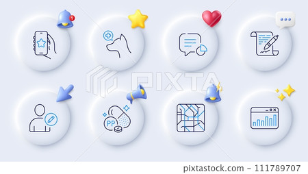 Niacin, Marketing statistics and Metro map line icons. Buttons with 3d bell, chat speech, cursor. Pack of Statistic, Edit user, Veterinary clinic icon. Vector 111789707