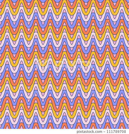 Groovy wavy lines abstract seamless pattern. Retro 1970s nostalgic geometric background. Simple shaped colorful vector print for paper, fabric. 111789708