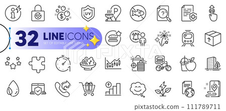 Outline set of Launder money, Share call and Food delivery line icons for web with Laptop insurance, Package, Password encryption thin icon. Search document, Stars, Buildings pictogram icon. Vector Outline set of Launder money, Share call and Food delivery line icons for web with Laptop insurance, Package, Password encryption thin icon. Search document, Stars, Buildings pictogram icon. Vector 111789711