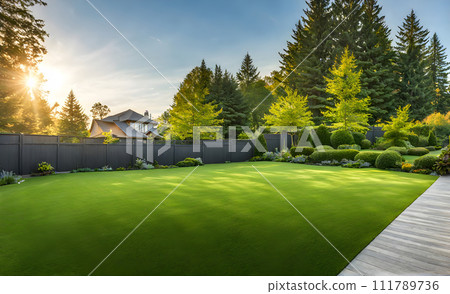 Lush backyard with well-trimmed green lawn 111789736