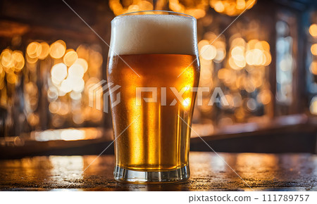 Frothy beer being poured into a chilled glass 111789757