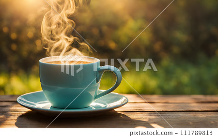 Steaming coffee mug on rustic table 111789813