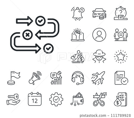 Quiz algorithm sign. Salaryman, gender equality and alert bell outline icons. Survey progress line icon. Business interview symbol. Survey progress line sign. Spy or profile placeholder icon. Vector 111789928