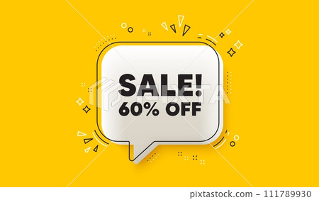 Sale 60 percent off discount. 3d speech bubble yellow banner. Promotion price offer sign. Retail badge symbol. Sale chat speech bubble message. Talk box infographics. Vector 111789930
