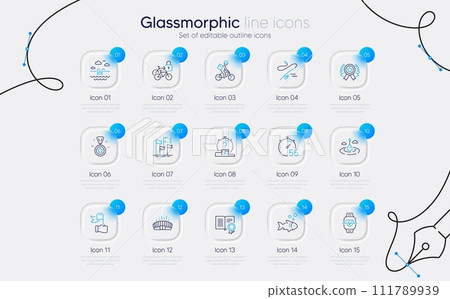 Set of Swimming pool, Quiz and Timer line icons for web app. Flags, Fish, Fishing rod icons. Diploma, Arena stadium, Bicycle lockers signs. Fishing float, Winner reward, Leadership. Vector 111789939