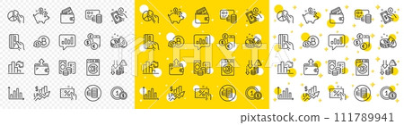 Outline Saving money, Bitcoin and Wallet line icons pack for web with Discount coupon, Credit card, Pie chart line icon. Payment card, Decreasing graph, Payment method pictogram icon. Vector Outline Saving money, Bitcoin and Wallet line icons pack for web with Discount coupon, Credit card, Pie chart line icon. Payment card, Decreasing graph, Payment method pictogram icon. Vector 111789941