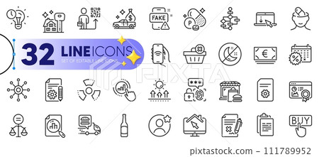 Outline set of Best friend, Scroll down and Ethics line icons for web with Clipboard, Depression treatment, Food market thin icon. Calendar discounts, Phosphorus mineral. Vector 111789952