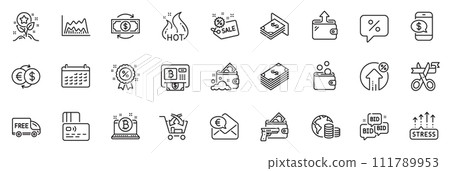 Icons pack as Stress grows, Loan percent and Bid offer line icons for app include Free delivery, Atm money, Wallet outline thin icon web set. Card, Phone payment, Discount pictogram. Vector Icons pack as Stress grows, Loan percent and Bid offer line icons for app include Free delivery, Atm money, Wallet outline thin icon web set. Card, Phone payment, Discount pictogram. Vector 111789953