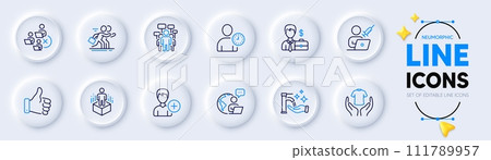 Hold t-shirt, Businessman case and Outsource work line icons for web app. Pack of Add person, Augmented reality, Vaccination appointment pictogram icons. Like hand, Remove team. Vector 111789957