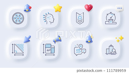 Journey, Cable section and Shoulder strap line icons. Buttons with 3d bell, chat speech, cursor. Pack of Inspect, Timer, Artificial intelligence icon. Floor plan, Triangle area pictogram. Vector 111789959
