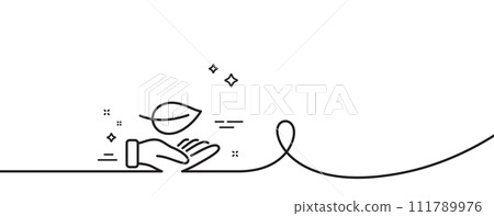 Leaf line icon. Continuous one line with curl. Grow plant sign. Environmental care symbol. Leaf single outline ribbon. Loop curve pattern. Vector Leaf line icon. Continuous one line with curl. Grow plant sign. Environmental care symbol. Leaf single outline ribbon. Loop curve pattern. Vector 111789976