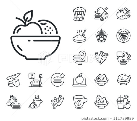 Vegetarian food sign. Crepe, sweet popcorn and salad outline icons. Fruits line icon. Apple and orange symbol. Fruits line sign. Pasta spaghetti, fresh juice icon. Supply chain. Vector Vegetarian food sign. Crepe, sweet popcorn and salad outline icons. Fruits line icon. Apple and orange symbol. Fruits line sign. Pasta spaghetti, fresh juice icon. Supply chain. Vector 111789989