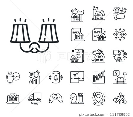 Wall lamp sign. Floor plan, stairs and lounge room outline icons. Sconce light line icon. Interior illuminate symbol. Sconce light line sign. House mortgage, sell building icon. Real estate. Vector Wall lamp sign. Floor plan, stairs and lounge room outline icons. Sconce light line icon. Interior illuminate symbol. Sconce light line sign. House mortgage, sell building icon. Real estate. Vector 111789992