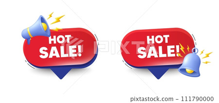 Hot Sale tag. Speech bubbles with 3d bell, megaphone. Special offer price sign. Advertising Discounts symbol. Hot sale chat speech message. Red offer talk box. Vector 111790000