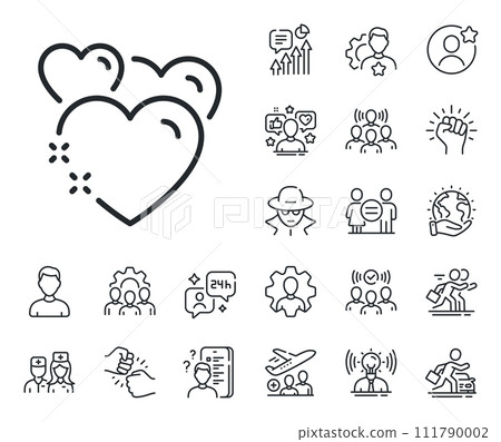 Love emotion sign. Specialist, doctor and job competition outline icons. Heart line icon. Valentine day symbol. Heart line sign. Avatar placeholder, spy headshot icon. Strike leader. Vector 111790002