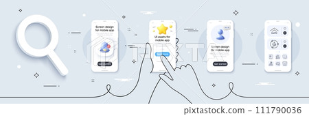 Smile face, Radiator and Phone photo line icons pack. Phone screen mockup with 3d star, alert and chat message. Card, Green electricity, Roller coaster web icon. Vector 111790036
