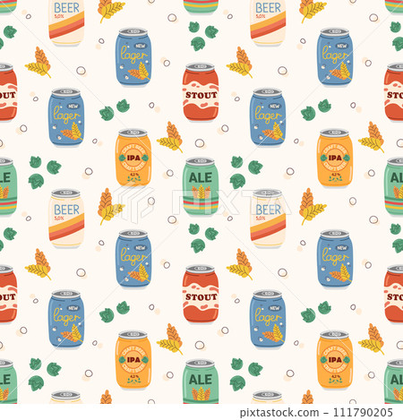 Seamless pattern with various beer types in aluminum cans. Hand drawn colorful beer in aluminum cans. Hops and malt pattern. 111790205