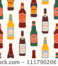 Seamless pattern beer bottles with label. Different bottled beer types.  Stylized hand drawn pattern for menu restaurant or bar and pub. 111790206