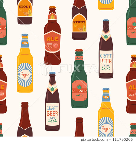 Seamless pattern beer bottles with label. Different bottled beer types. Stylized hand drawn pattern for menu restaurant or bar and pub. Seamless pattern beer bottles with label. Different bottled beer types. Stylized hand drawn pattern for menu restaurant or bar and pub. 111790206