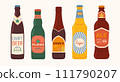 Set of glass Beer Bottles. Different bottled beer types with colored labels. Stylized hand drawn elements for menu restaurant or bar and pub. 111790207