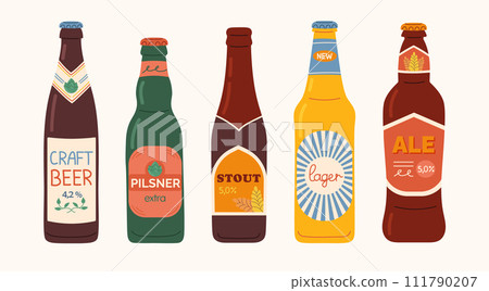 Set of glass Beer Bottles. Different bottled beer types with colored labels. Stylized hand drawn elements for menu restaurant or bar and pub. Set of glass Beer Bottles. Different bottled beer types with colored labels. Stylized hand drawn elements for menu restaurant or bar and pub. 111790207