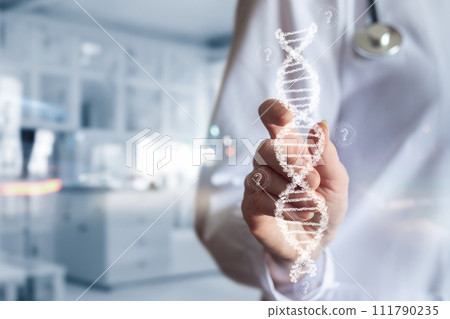 Laboratory assistant shows DNA molecule with question marks . Laboratory assistant shows DNA molecule with question marks . 111790235