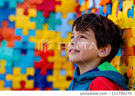 AI-generated content. Boy and coloured puzzle background. World Autism Awareness Day, Copy space 111790276